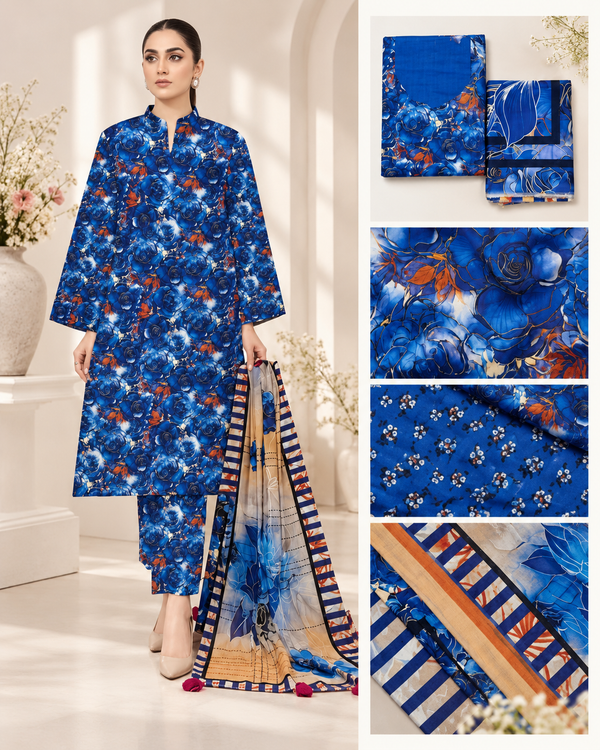 Aura Royale blue floral 3-piece unstitched suit