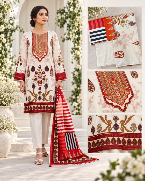 Ivory Blossom embroidered 3-piece lawn suit