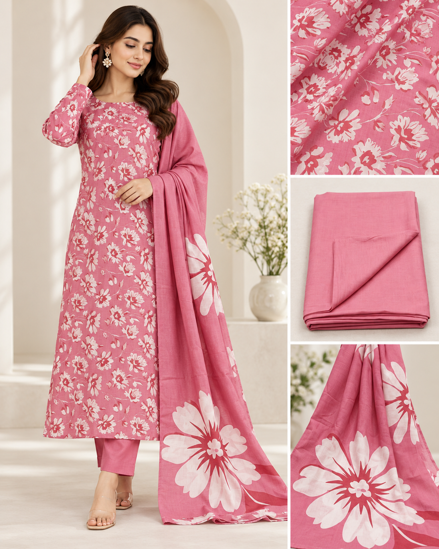 Pink & White Floral Unstitched Suit