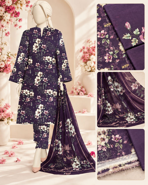 Purple Blossom floral unstitched lawn suit