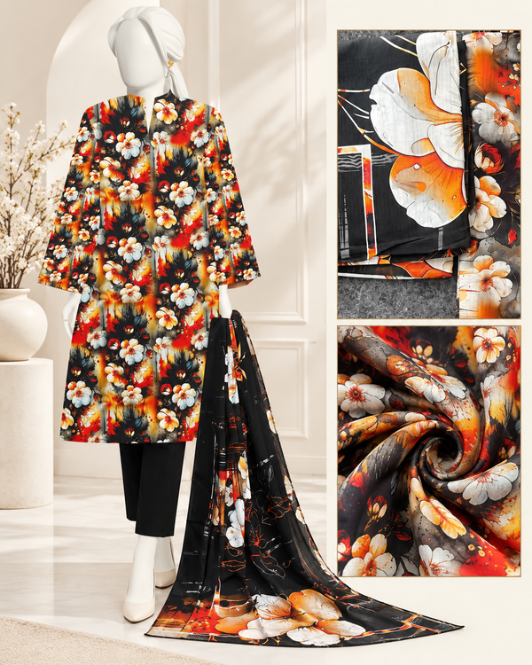 Floral Elegance black orange and white unstitched lawn suit