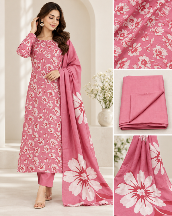 Pink and white floral unstitched suit