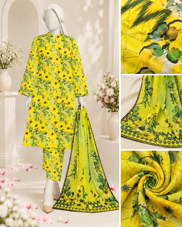Yellow floral printed unstitched suit